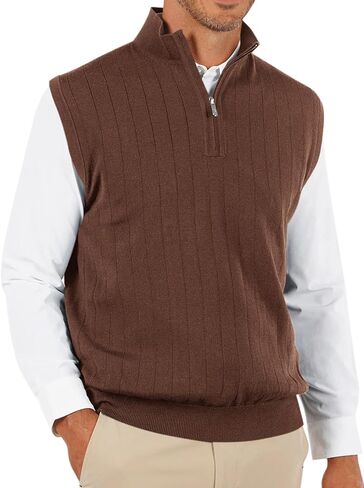 Runcati Mens Quarter Zip Sweater Vest Stand Collar Sleeveless Pullover Sweaters Slim Fit Knitted Golf Vest in Kuwait