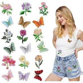 18 Pcs Embroidery Patches Beautiful and Moving Butterfly Flowers Cloth Embroidered Chapters for Fashion Crafts DIY Clothing Home Textile Toys Package Gifts Decoration