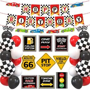 Race Car Birthday Party Decoration Set Race Car Party Signs Racing Birthday Banner Checkered Flags Balloons for Boys Let's go Racing Party Supplies