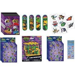 Unique TMNT Teenage Ninja Turtles Birthday Party Supplies Favor Bundle Pack includes 8 Loot Bags, 8 Mini Skateboards, 8 Sticker Sheets, 8 Tattoos, 1 Dinosaur Sticker Sheet