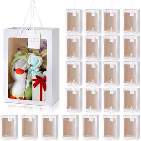 Yahenda 24 Pcs Mother's Day Clear Gift Bag with Window 13.8 x 9.8 x 5.9 Large Transparent Paper Bouquet Totes Bags with Handle for Wedding Birthday(White)
