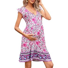 FUNJULY Women's Ruffle Cap Sleeveless V Neck Floral Boho Midi Dress