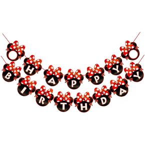 CHuangQi Minnie Themed Party Banner, Happy Birthday Letter Banner, Red Bow with Polka Dots Card, 1st Birthday Party Supplies & Decoration