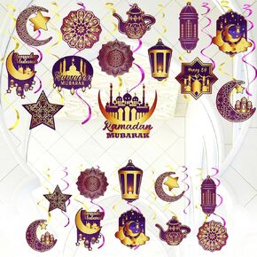 53Pcs Ramadan Mubarak Home Decorations Eid Hanging Swirl Ceiling Decor Foil Party Streamers with Moon Star Mosque, 2025 Eid Muburak Decorations for Indian Moroccan Princess Birthday Supplies, Purple