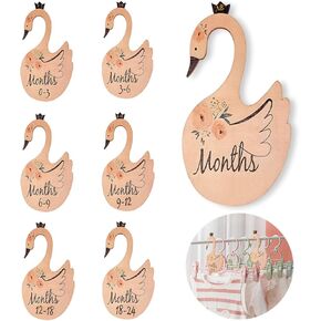 Quaocens 7 PCS Baby Closet Dividers, Swan-Shaped and Flower Pattern Wooden Baby Clothes Dividers for Closet, Marked Newborn To 24 Months Of Different Ages, Can Be Used To Organize The Baby Closet. in Kuwait