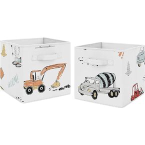 Sweet Jojo Designs Construction Truck Foldable Fabric Storage Cube Bins Boxes Organizer Toys Kids Baby Childrens - Set of 2 - Grey Yellow Orange Red and Blue Transportation