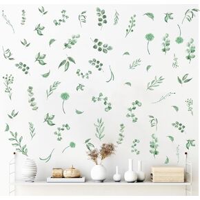 Green Leaves Wall Stickers Boho Leaves Wall Decals Watercolor Botanical Modern Leaf Wall Stickers Peel and Stick Green Leaf Wall Decals for Nursery Bedroom Living Room Decor