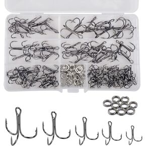 Black Treble Fishing Hooks Kit,150pcs Saltwater Fishing Hooks with Split Rings High Carbon Steel Hooks High Strenght Stainless Steel Fishing Swivels for Lure Baits