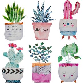 Maydahui 6 Sheets Cute Cactus Potted Plants Wall Stickers Succulent Wall Decal Retro Lovely Green Wall Decor Peel & Stick for Girls Boys Bedroom Nursery Living Room Decor