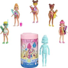 Barbie Chelsea Color Reveal Doll with 6 Surprises: 4 Bags with Cover-Up, Shoes, Towel & Accessory; Water Reveals Marble Blue Doll’s Look & Color Change on Hair; Sand & Sun Series [Styles May Vary]