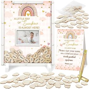 Thyle 65 Pcs Baby Shower Guest Book Alternative He or She Gender Reveal Baby Shower Favors Baby Shower Sign in Guest Book with 60 Wooden Hearts Baby Shower Picture Frame Birthday Decor(Boho Rainbow)