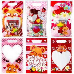 JOYIN 48 Pcs Valentine’s Day Gift Bag Plastic Treat Bags, Cellophane Candy Bags in 6 Designs with Heart Shaped Window for Kids Valentine Party Favor, Classroom Gift Exchange