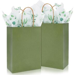 Whaline 16Pcs Sage Green Kraft Paper Bag with 20Pcs Eucalyptus Tissue Paper with Handles Bulk Goody Candy Treat Bag for Baby Shower Birthday Wedding