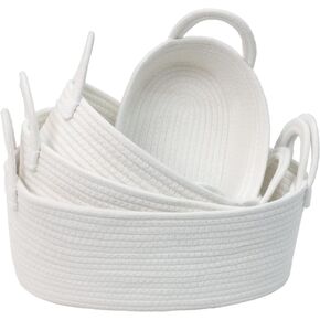 Caroeas Set 4 Cotton Rope Woven Storage Baskets, Shelf Baskets for Organizing, Durable&Soft Decorative Basket Bins for Baby Nursery and Toys, White
