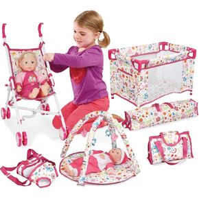Liberty Imports 5-in-1 Deluxe Newborn Baby Doll Stroller Nursery Playset with Play Mat, Playard, Baby Carrier, and Travel Bag (Doll Included)