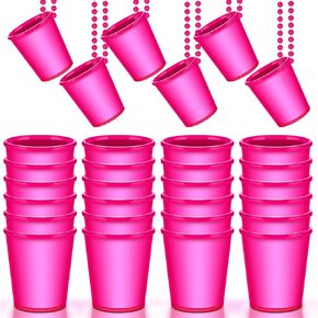 Sieral 24 Pcs Hot Pink Shot Glass Necklace Glow in the Dark Necklace Light up Party Glass Necklaces for Birthday Wedding Bachelorette Neon Glowing Party Favors Festival Cups
