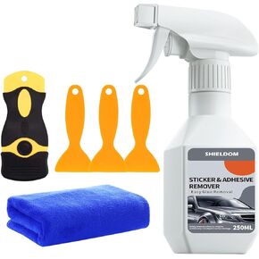 Adhesive Remover Sticker Removal Tape Remover Set of | 1x Plastic Razor Blade Scraper | 3X Spatula | 1x Towel | Removes Adhesive Remains Stickers Labels Decals Tape Residue - 8.45oz/250ML