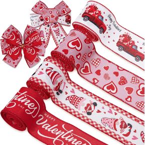 AnyDesign Valentine's Day Wired Edge Ribbon 2.5 Inch Red Pink Heart Love Gnome Truck Fabric Ribbon Sweet Wedding Anniversary Craft Ribbon for Wrapping DIY Bow Wreath Crafts Making, 24 Yards
