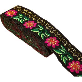 7 Yards 2inch Daisy Leaves on Waves Jacquard Ribbon Floral Embroidered Woven Trim for Embellishment Craft Supplies(Black)