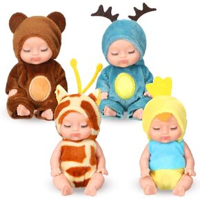 Leitee Mini Reborn Baby Dolls 4 Pcs, 4 Inch, Realistic Washable PVC Set with Clothes & Hat for Kids, Dollhouse Toy