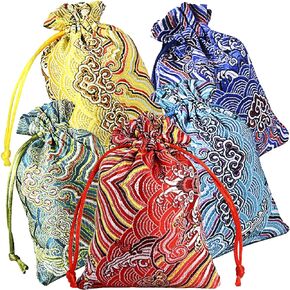 10pcs Silk Brocade Jewelry Pouch Bag 4x5.5" for Wedding Party Favors, Drawstring Coin Purse Embroidered Sachet Candy Chocolate Bag for Christmas New Year Birthday Party (Thick)