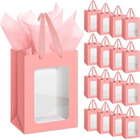 Zhanmai 36 Pcs Gift Bags with Clear Window, Transparent Paper Bags with Tissue 10 x 7 x 5 Inch Kraft Bags with Handles for Christmas Birthdays Festivals Party Weddings Present Wrapping (White)
