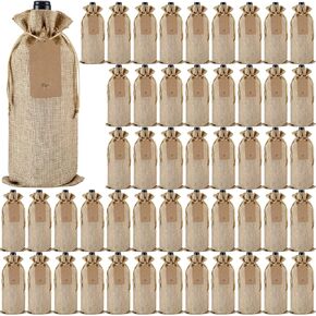 Windyun 50 Pcs Burlap Wine Bag Bulk Wine Gift Bag with Drawstrings, Reusable Wine Bottle Gift Bags with Gift Tags and Ropes for Birthday Holiday Gifts Blind Tastings Party Home Storage