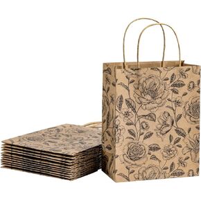 WRAPAHOLIC Medium Floral Kraft Paper Gift Bags - Black Florals Design for Birthday, Baby Shower, Holiday, Party Gift Wrap (Pack of 12)
