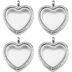 WANDIC Rhinestone Photo Charm, Rose Gold Heart Crystal Photo Pendant Bridal Wedding Bouquet Charms Living Floating Memory Locket for 2 Pictures
