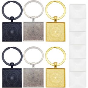 WAY DENG 6 Sets Assorted Colors Split Ring Blanks with Square 25mm Clear Glass Cabochons Bezel Pendant Trays Charms Photo Arts Projects Keychain Making Jewelry Findings
