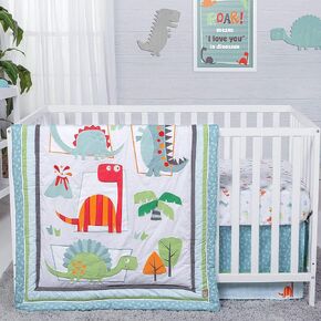 Trend Lab Dinosaur Roar 3 Piece Crib Bedding Set, Can Be Used As A Blanket Or A Playmat for Tummy Time, Includes Quilt, Fitted Crib Sheet and Skirt