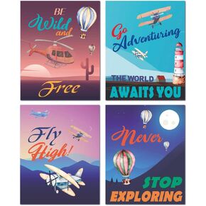 مطبوعات فنية جدارية لمغامرة منطاد الهواء الساخن على شكل طائرة عتيقة، اقتباس ملهم بالألوان المائية لاستكشاف ينتظر ملصق لوحة صور لغرفة الأطفال، مجموعة من 4 قطع (8 × 10 بوصات)، بدون إطار in Kuwait