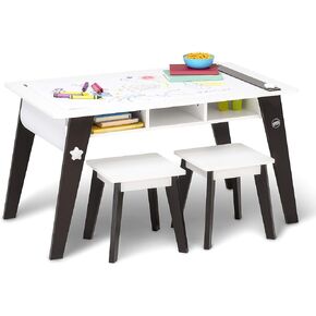 Wildkin Kids Arts and Crafts Table Set for Boys and Girls, Mid Century Modern Design Table Includes Two Stools, Paper and Storage Cubbies Underneath Helps Keep Art Supplies Organized (White)