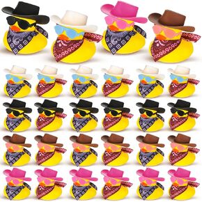 Hanaive 24sets Disco Cowboy Rubber Duck with Light up Mini Holographic Space Hat Scarf Sunglasses Cute Bath Rubber Duck Bathtub Accessories Toy for Baby Shower Birthday Doll Gift Decor (Cute Style)