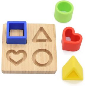My Little Nugget Silicone (Heart) Puzzle Shape Toy with a Bamboo Base, Stacking Blocks, Safe Teething & Squeezing Play, BPA Free, Developmental and Educational Toy for Kids,