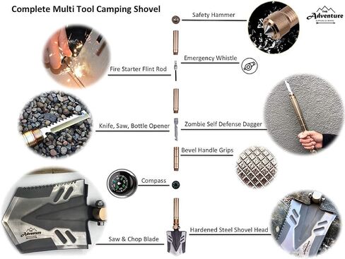 Folding Shovel Multitool, 25 inch Tactical Shovel for Camping, Stocking Stuffer, Emergency, Hiking, Fishing, Backcountry, Off-Roading, Outdoor Survival, Mining, Prospecting, Adventure Supply Co. in Saudi Arabia
