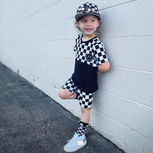 Toddler Baby Boy Girl Summer Clothes Checkerboard Print Short Sleeve T-Shirt Tee Tops Rolled Shorts Infant Outfits in Kuwait