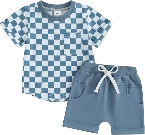 Toddler Baby Boy Girl Summer Clothes Checkerboard Print Short Sleeve T-Shirt Tee Tops Rolled Shorts Infant Outfits in Kuwait
