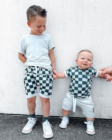 Toddler Baby Boy Girl Summer Clothes Checkerboard Print Short Sleeve T-Shirt Tee Tops Rolled Shorts Infant Outfits in Kuwait