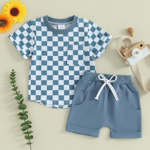 Toddler Baby Boy Girl Summer Clothes Checkerboard Print Short Sleeve T-Shirt Tee Tops Rolled Shorts Infant Outfits in Kuwait