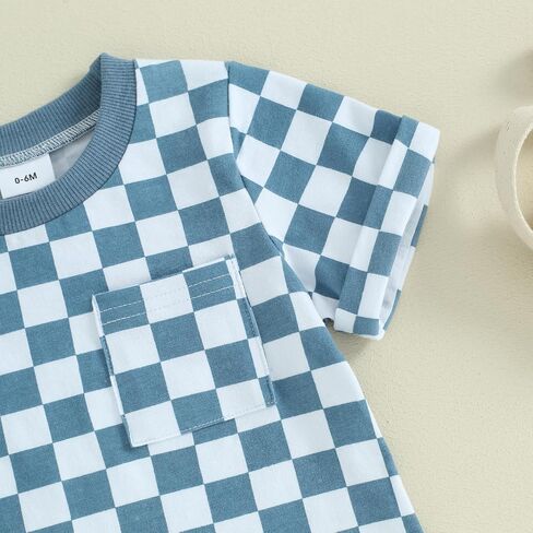Toddler Baby Boy Girl Summer Clothes Checkerboard Print Short Sleeve T-Shirt Tee Tops Rolled Shorts Infant Outfits in Kuwait