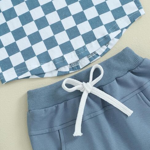 Toddler Baby Boy Girl Summer Clothes Checkerboard Print Short Sleeve T-Shirt Tee Tops Rolled Shorts Infant Outfits in Kuwait