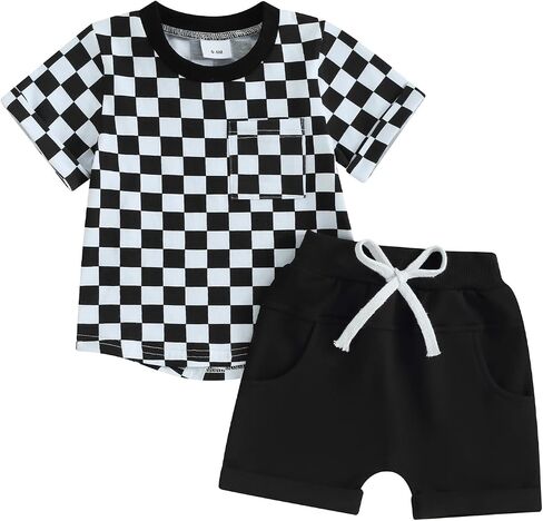Toddler Baby Boy Girl Summer Clothes Checkerboard Print Short Sleeve T-Shirt Tee Tops Rolled Shorts Infant Outfits in Kuwait
