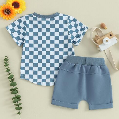 Toddler Baby Boy Girl Summer Clothes Checkerboard Print Short Sleeve T-Shirt Tee Tops Rolled Shorts Infant Outfits in Kuwait