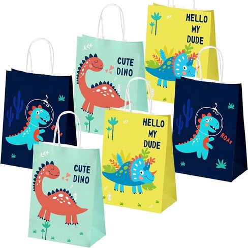 PINWATT 30Pcs Cute Dinosaur Gift Bags with Handles, 8.7 inches Small Paper Bags, Party Treat Favor Bags, Goodie Bags for Birthday, Baby Shower, Christmas, Graduations,Party Supplies in Saudi Arabia
