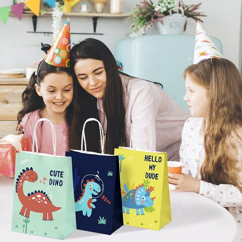 PINWATT 30Pcs Cute Dinosaur Gift Bags with Handles, 8.7 inches Small Paper Bags, Party Treat Favor Bags, Goodie Bags for Birthday, Baby Shower, Christmas, Graduations,Party Supplies in Saudi Arabia
