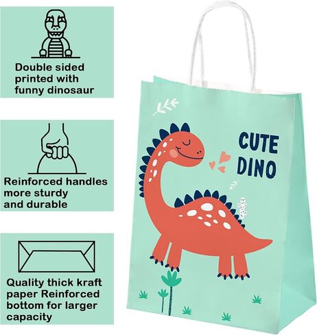 PINWATT 30Pcs Cute Dinosaur Gift Bags with Handles, 8.7 inches Small Paper Bags, Party Treat Favor Bags, Goodie Bags for Birthday, Baby Shower, Christmas, Graduations,Party Supplies in Saudi Arabia