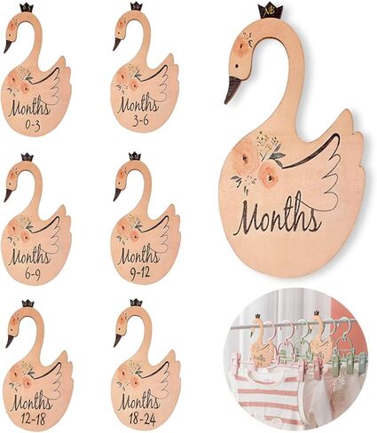Quaocens 7 PCS Baby Closet Dividers, Swan-Shaped and Flower Pattern Wooden Baby Clothes Dividers for Closet, Marked Newborn To 24 Months Of Different Ages, Can Be Used To Organize The Baby Closet. in Kuwait