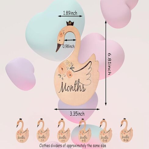 Quaocens 7 PCS Baby Closet Dividers, Swan-Shaped and Flower Pattern Wooden Baby Clothes Dividers for Closet, Marked Newborn To 24 Months Of Different Ages, Can Be Used To Organize The Baby Closet. in Kuwait
