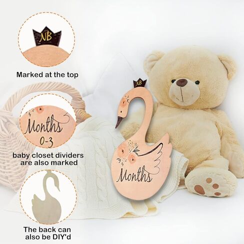 Quaocens 7 PCS Baby Closet Dividers, Swan-Shaped and Flower Pattern Wooden Baby Clothes Dividers for Closet, Marked Newborn To 24 Months Of Different Ages, Can Be Used To Organize The Baby Closet. in Kuwait